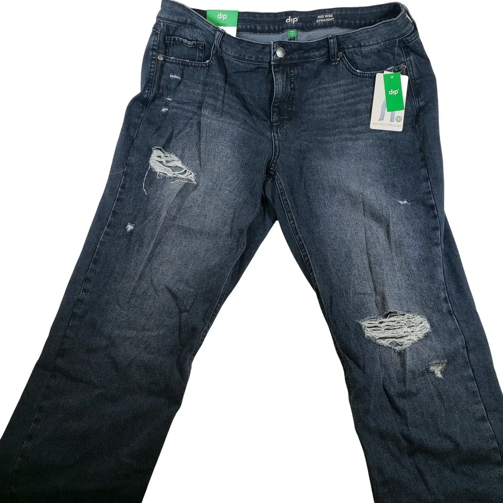 Dip Womens Mid Rise Straight‎ Distressed Jeans Dark Wash Frayed Hem 18W NEW - Picture 2 of 10